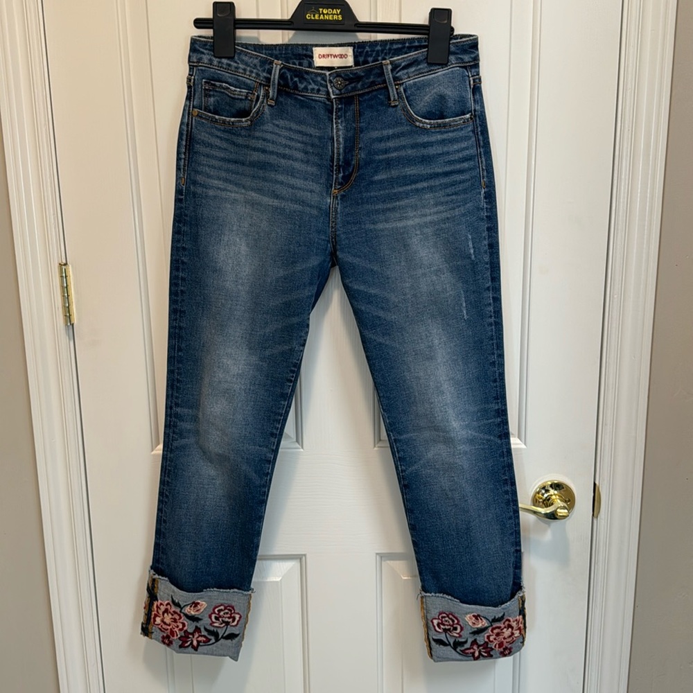 Great Driftwood “Colette” cropped jeans with fun embroidered cuff legs.